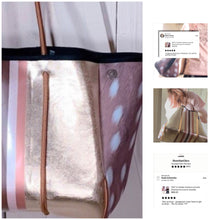 Load image into Gallery viewer, NWT © Amber Embers smooth blushed bronze lit metallic neoprene TOTE w auburn fawn snap sides + rouged amber &amp; chocolate brown racing stripes
