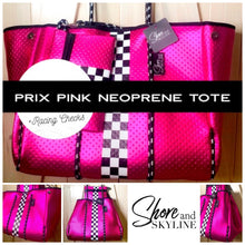 Load image into Gallery viewer, new Neoprene Tote Titanium Disco metallic silver waterproof bag + black white racing checks w pink border + variations - Pink Racer purse
