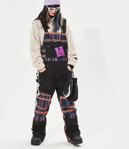 NWT ski snow bib black snowboarding overalls crackling fire vector plaid waterproof adjustable