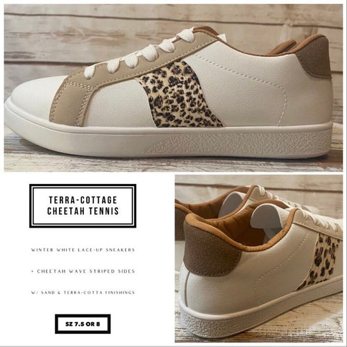 new white sneakers + terra-cotta cheetah or cabin white - silver & black striped low top lace up tennis shoes women 7.5 8