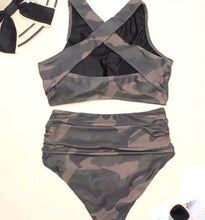 Load image into Gallery viewer, S-2XL Camo Criss-Cross swimsuit olive forest green camouflage sporty two-piece
