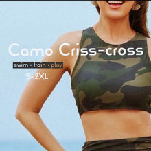 Load image into Gallery viewer, S-2XL Camo Criss-Cross swimsuit olive forest green camouflage sporty two-piece
