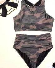 Load image into Gallery viewer, S-2XL Camo Criss-Cross swimsuit olive forest green camouflage sporty two-piece
