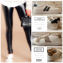 Load image into Gallery viewer, new white sneakers + terra-cotta cheetah or cabin white - silver &amp; black striped low top lace up tennis shoes women 7.5 8
