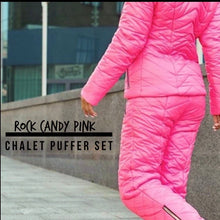 Load image into Gallery viewer, new Chalet SNOW puffer SET 2pc ski jacket &amp; pant coordinate cabin chic vacation fun photo flattering Insta ready black red pink S M L XL 2XL
