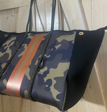 Load image into Gallery viewer, nwt Camo Luxe Rose 2.0 Neoprene Tote Bag + luminous metallic ROSE GOLD stripes w added top zip closure 2023 purse waterproof light beach
