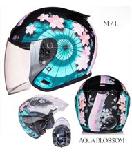 Load image into Gallery viewer, NWT Helmet - His &amp; Her M-XL Prix Black Racer / Aqua Blossom / Vintage Red Camel - DOT certified motorcycle Vespa riding helmets + visor
