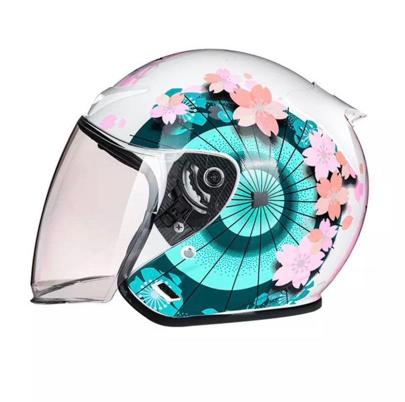 NWT Helmet - His & Her M-XL Prix Black Racer / Aqua Blossom / Vintage Red Camel - DOT certified motorcycle Vespa riding helmets + visor