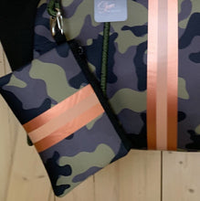 Load image into Gallery viewer, nwt Camo Luxe Rose 2.0 Neoprene Tote Bag + luminous metallic ROSE GOLD stripes w added top zip closure 2023 purse waterproof light beach
