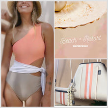 Load image into Gallery viewer, new! Peaches &amp; Cream ribbed one-piece SWIMSUIT peach and beige ribbed color-block w white side tie modest neutral - Small Medium Large XL
