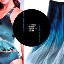 Load image into Gallery viewer, Aquamarina SWIMSUIT 2 or 1 piece XS-2XL sea blue aqua turquoise aquamarine geode swirls + ombré beach cover-up skirt Valentines women swim
