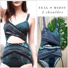 Load image into Gallery viewer, new UPF Black • Jade longsleeve swimsuit S-XL or one-shoulder one piece Emerald • Mist - sz L green gold geometrics modest edgy unique
