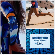 Load image into Gallery viewer, UPF 40+ Rashguard Blue Breeze Coral longsleeve one-piece royal blue white &amp; blackest navy swimsuit + tangerine surf swim ski paddle kayak
