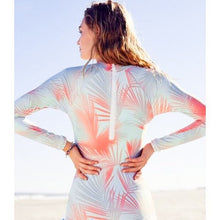 Load image into Gallery viewer, UPF Rashguard Neon Coral Palms surfsuit on cream white swimsuit sun-kissed bright orange palm leaves beach pool surf swim women modest
