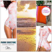 Load image into Gallery viewer, UPF Rashguard Neon Coral Palms surfsuit on cream white swimsuit sun-kissed bright orange palm leaves beach pool surf swim women modest
