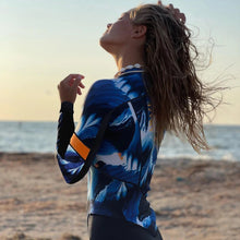 Load image into Gallery viewer, S-XL UPF Rashguard Blue Breeze Coral longsleeve one-piece royal blue white &amp; blackest navy swimsuit + tangerine surf swim ski paddle kayak
