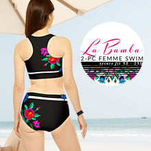 Load image into Gallery viewer, Shore and Skyline 2pc SWIMSUIT black white stripe pink blue flowers two piece top bottom swim surf beach unhindered modest bikini women cruise resort
