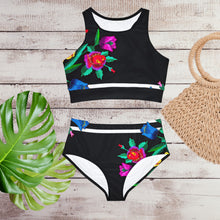 Load image into Gallery viewer, Shore and Skyline 2pc SWIMSUIT black white stripe pink blue flowers two piece top bottom swim surf beach unhindered modest bikini women cruise resort
