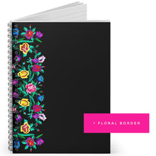 Load image into Gallery viewer, JOURNAL black floral ( lattice border bouquet bamba ) lined vacation diary prayer plan brainstorm spiral notebook dream write remember
