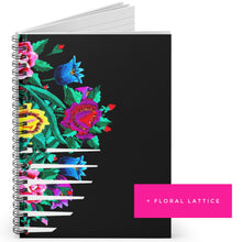 Load image into Gallery viewer, JOURNAL black floral ( lattice border bouquet bamba ) lined vacation diary prayer plan brainstorm spiral notebook dream write remember
