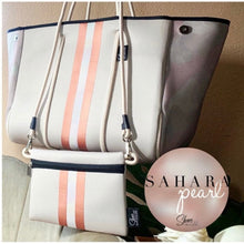 Load image into Gallery viewer, waterproof tote smooth khaki cream neoprene women’s purse metallic copper rose gold chic pearl stripes femme camo sides Shore and Skyline bag beach boat bridal baby birthday back to school 2023 Best Seller mom wife teacher gift office pool present
