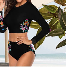 Load image into Gallery viewer, S-2XL swimsuit La Bamba - Monarca Surf-crop black floral two-piece UPF long-sleeve padded rashguard top swim brief flowers Shore and Skyline
