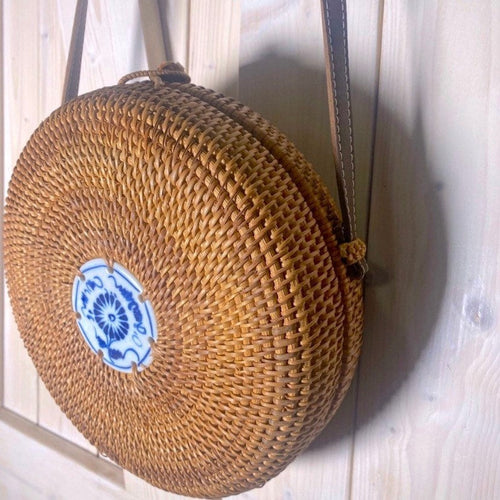 Bali Blue natural woven crossbody round beige rattan purse + royal blue & white ceramic tile resort cruise travel birthday beach purse gift