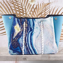 Load image into Gallery viewer, Aquamarine Geode Neoprene Tote bag blue navy turquoise white gold with baseboard pocket and zip pouch
