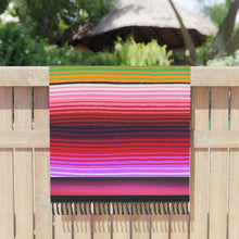 Load image into Gallery viewer, Boho beach blanket fringed wrap pool towel cover-up XL 6.5 ft black Bamba floral Serape stripes or pearl + cabana stripes
