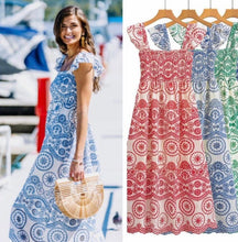 Load image into Gallery viewer, new smocked sundress Boho red green or blue Bluebonnet MAXI floral eyelet embroidery ruffled femme dress Spring Summer baby bridal birthday
