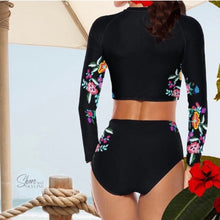 Load image into Gallery viewer, S-2XL swimsuit La Bamba - Monarca Surf-crop black floral two-piece UPF long-sleeve padded rashguard top swim brief flowers Shore and Skyline
