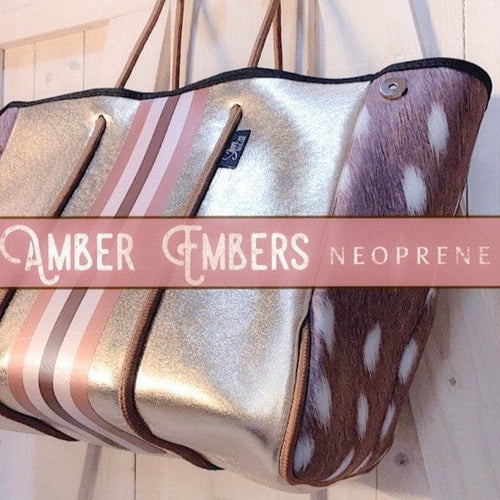 NWT © Amber Embers smooth blushed bronze lit metallic neoprene TOTE w auburn fawn snap sides + rouged amber & chocolate brown racing stripes