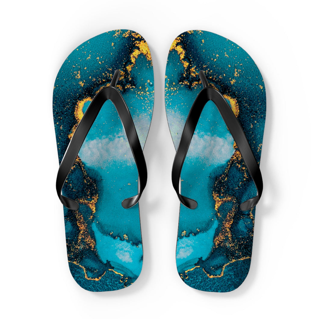 Aquamarine Dream deep geode FLIP FLOP waterproof slip-on deep teal blue gold swirl sandals womens sz 7 8 9 10 11 Shore And Skyline Swim Pool