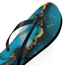 Load image into Gallery viewer, Aquamarine Dream deep geode FLIP FLOP waterproof slip-on deep teal blue gold swirl sandals womens sz 7 8 9 10 11 Shore And Skyline Swim Pool
