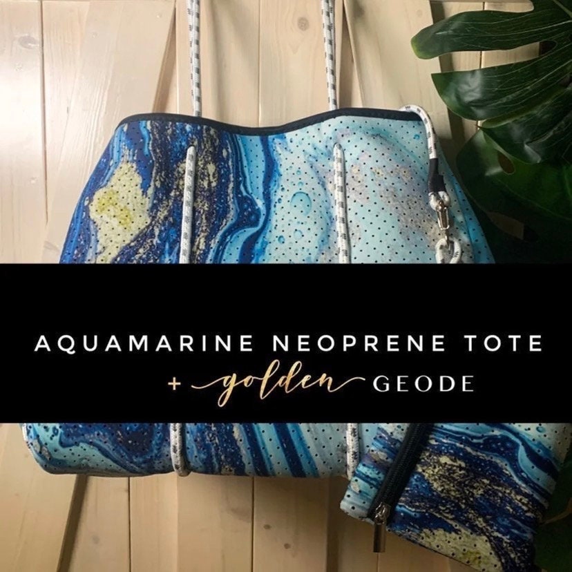 Neoprene TOTE - Amethyst Lagoon: violet purple blue bag +weathered aqua turquoise teal Beach Pool Lake Travel catch-all waterproof washable