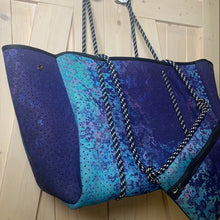 Load image into Gallery viewer, Neoprene TOTE - Amethyst Lagoon: violet purple blue bag +weathered aqua turquoise teal Beach Pool Lake Travel catch-all waterproof washable
