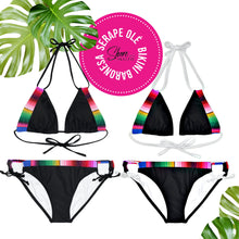 Load image into Gallery viewer, XS - XL Baronesa Bikini in Bamba Floral or Serape Olé stripes + black or white strappy tie swimsuit kayak paddleboard lake beach pool
