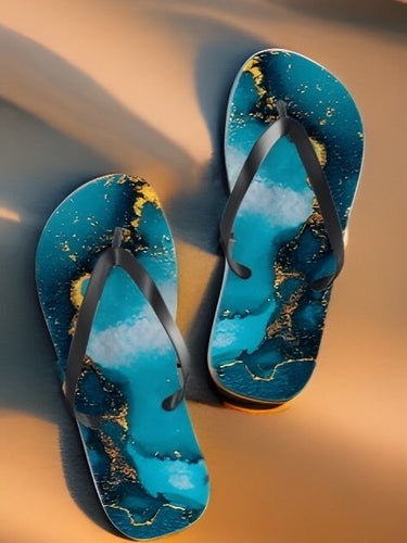 Aquamarine Dream deep geode FLIP FLOP waterproof slip-on deep teal blue gold swirl sandals womens sz 7 8 9 10 11 Shore And Skyline Swim Pool