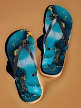 Load image into Gallery viewer, Aquamarine Dream deep geode FLIP FLOP waterproof slip-on deep teal blue gold swirl sandals womens sz 7 8 9 10 11 Shore And Skyline Swim Pool
