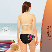 Load image into Gallery viewer, two-piece black swimsuit colorful red pink yellow green blue multicolored flowers stripe stripes striped Mexican quince bridal bachelorette travel vacation bikini La Bamba floral halter hips black white strappy tie
