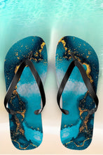 Load image into Gallery viewer, Aquamarine Dream deep geode FLIP FLOP waterproof slip-on deep teal blue gold swirl sandals womens sz 7 8 9 10 11 Shore And Skyline Swim Pool
