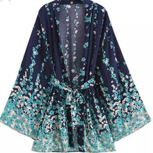 Load image into Gallery viewer, womens kimono 3/4 length Robe blue navy aqua taupe belted wrap ladies fall floral flowers beach bath present birthday gift
