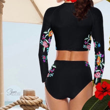 Load image into Gallery viewer, S-2XL La Bamba Monarca Surf-crop black floral two-piece UPF long-sleeve swimsuit padded rashguard top swim brief flowers Shore and Skyline
