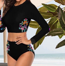 Load image into Gallery viewer, S-2XL La Bamba Monarca Surf-crop black floral two-piece UPF long-sleeve swimsuit padded rashguard top swim brief flowers Shore and Skyline
