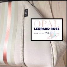 Load image into Gallery viewer, NEOPRENE Tote © Opal Leopard Rose 2.0 waterproof cream bag + metallic rose gold racing stripes &gt; bridal baby shower birthday graduation gift
