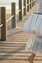 Load image into Gallery viewer, Opal Leopard Neoprene Tote Bag + mint &amp; metallic rose-gold racer stripe waterproof for rain, snow, boat, beach of sippy cup uh ohs
