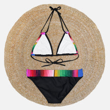 Load image into Gallery viewer, Serape Olé striped Baronesa bikini + black or white ties halter two piece swimsuit strappy side-ties Mexican multicolor fiesta coordinates
