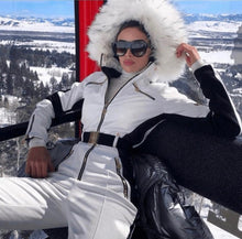 Load image into Gallery viewer, S - 2XL SNOWSUIT Winter White Album one-piece skisuit + black stripes snow-suit sides womens belted hooded skyline cabin mountain resort new
