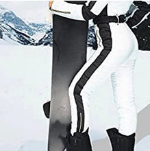 Load image into Gallery viewer, S - 2XL SNOWSUIT Winter White Album one-piece skisuit + black stripes snow-suit sides womens belted hooded skyline cabin mountain resort new
