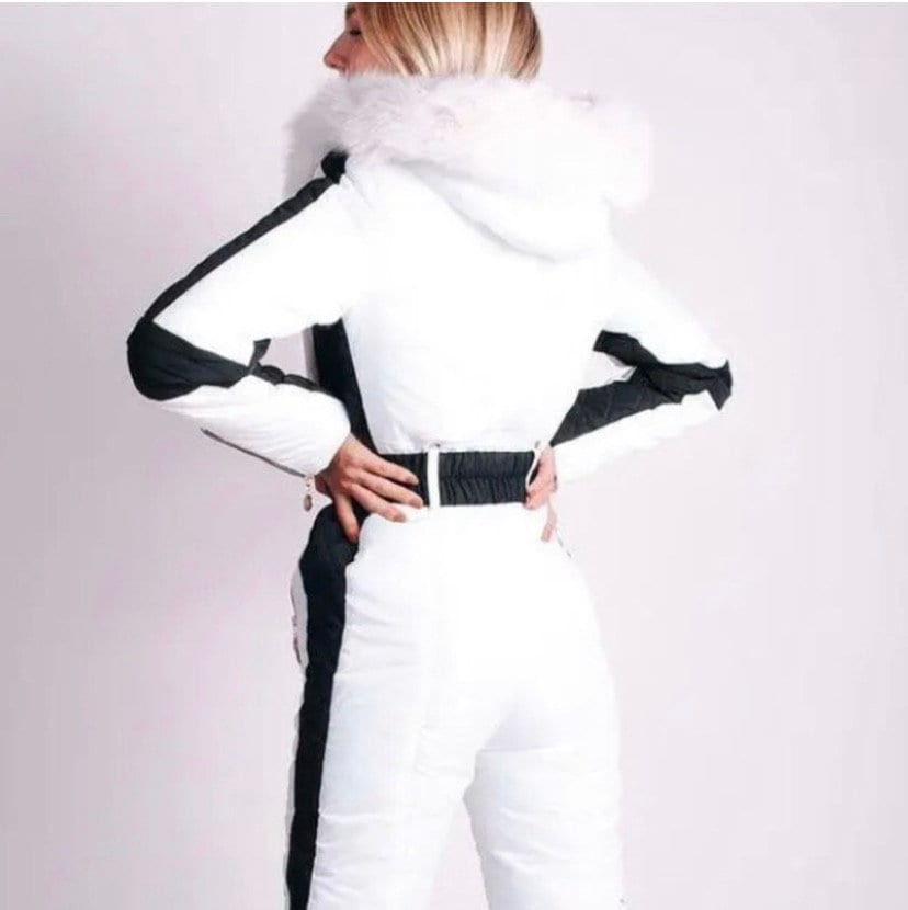 S - 2XL SNOWSUIT Winter White Album one-piece skisuit + black stripes snow-suit sides womens belted hooded skyline cabin mountain resort new